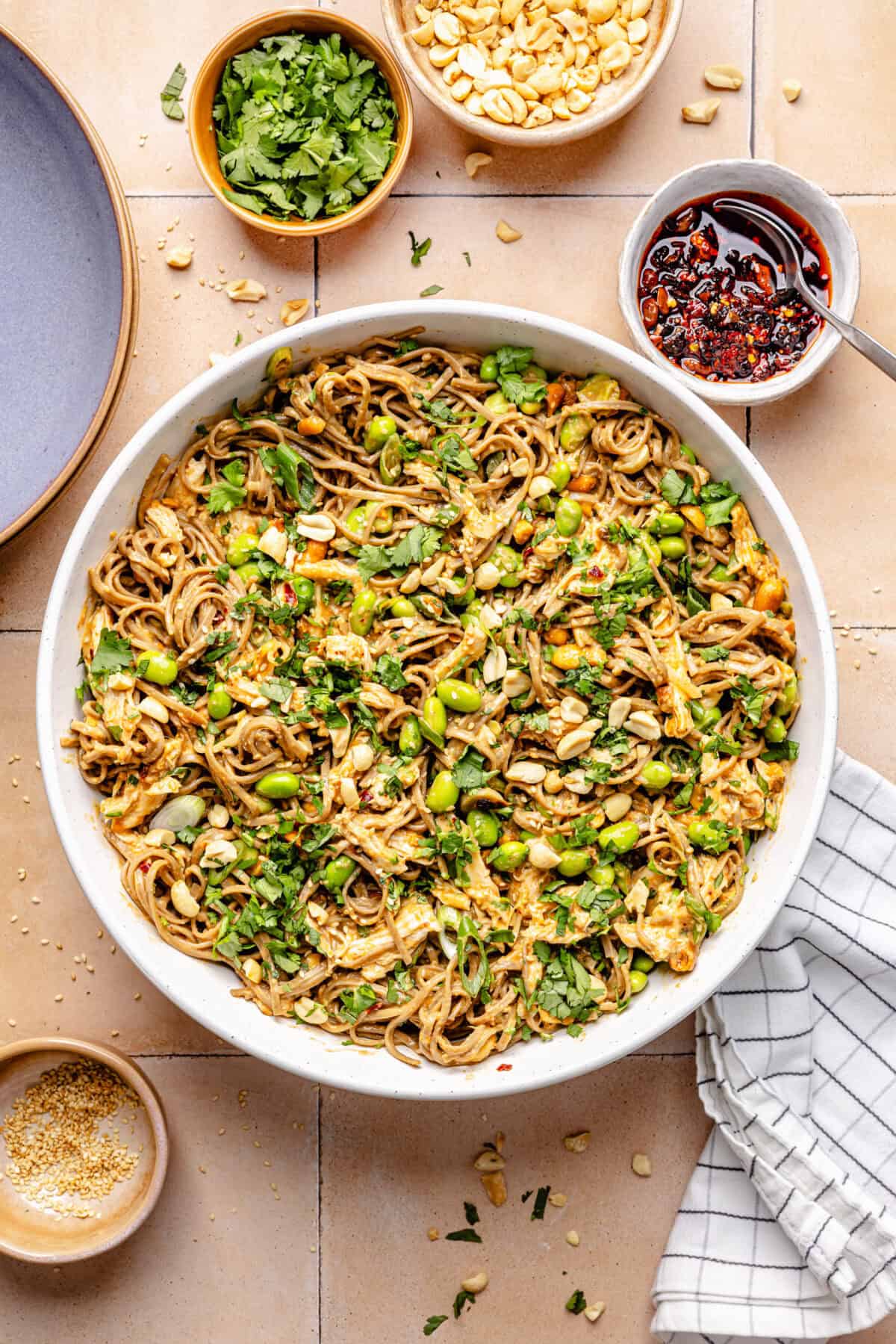Peanut Chili Crunch Noodles in large mixing bowl.