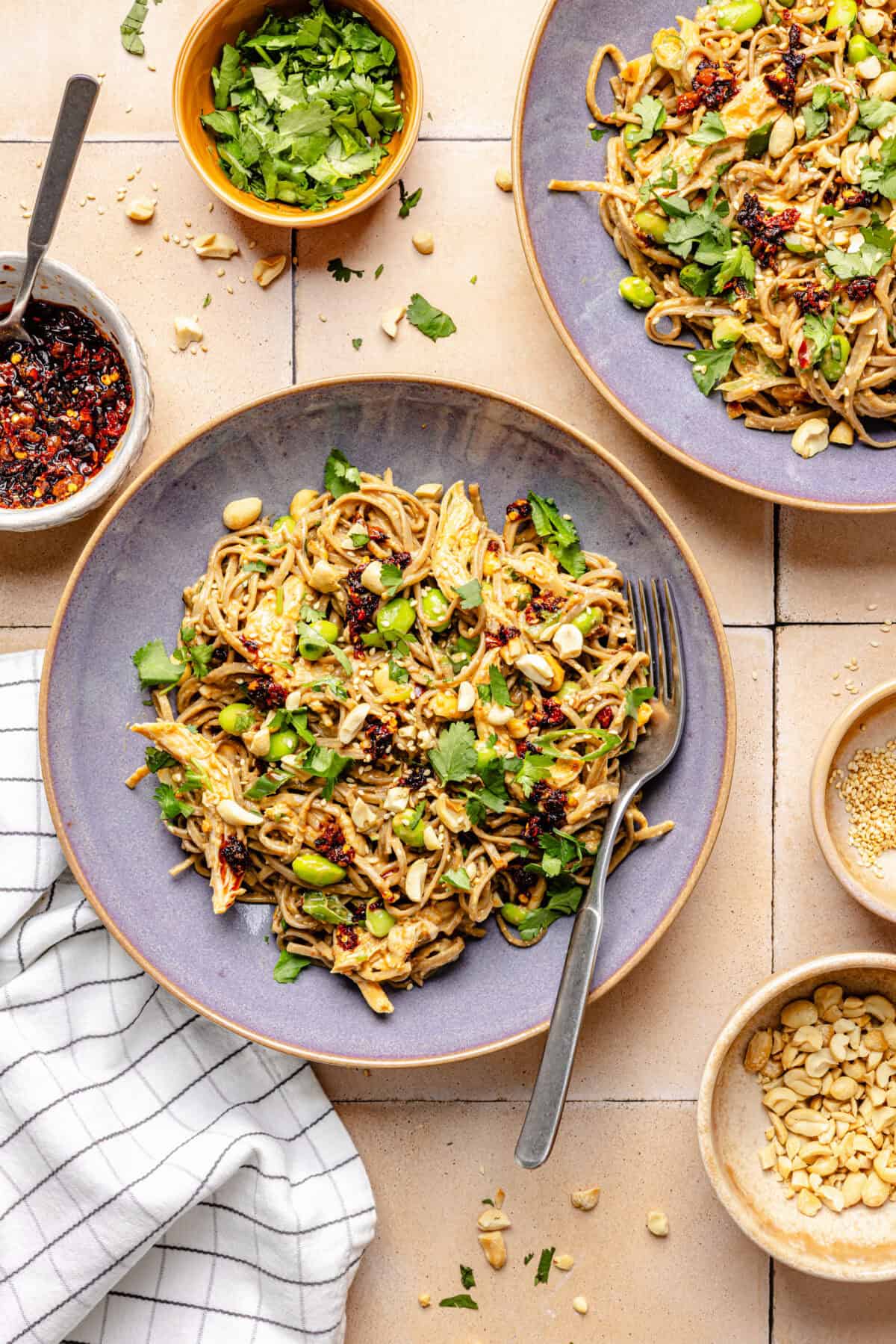Peanut Chili Crunch Noodles in bowls with extra ingredients scattered around.