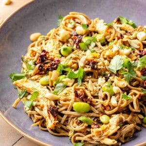 Peanut Chili Crunch Noodles in purple bowl.
