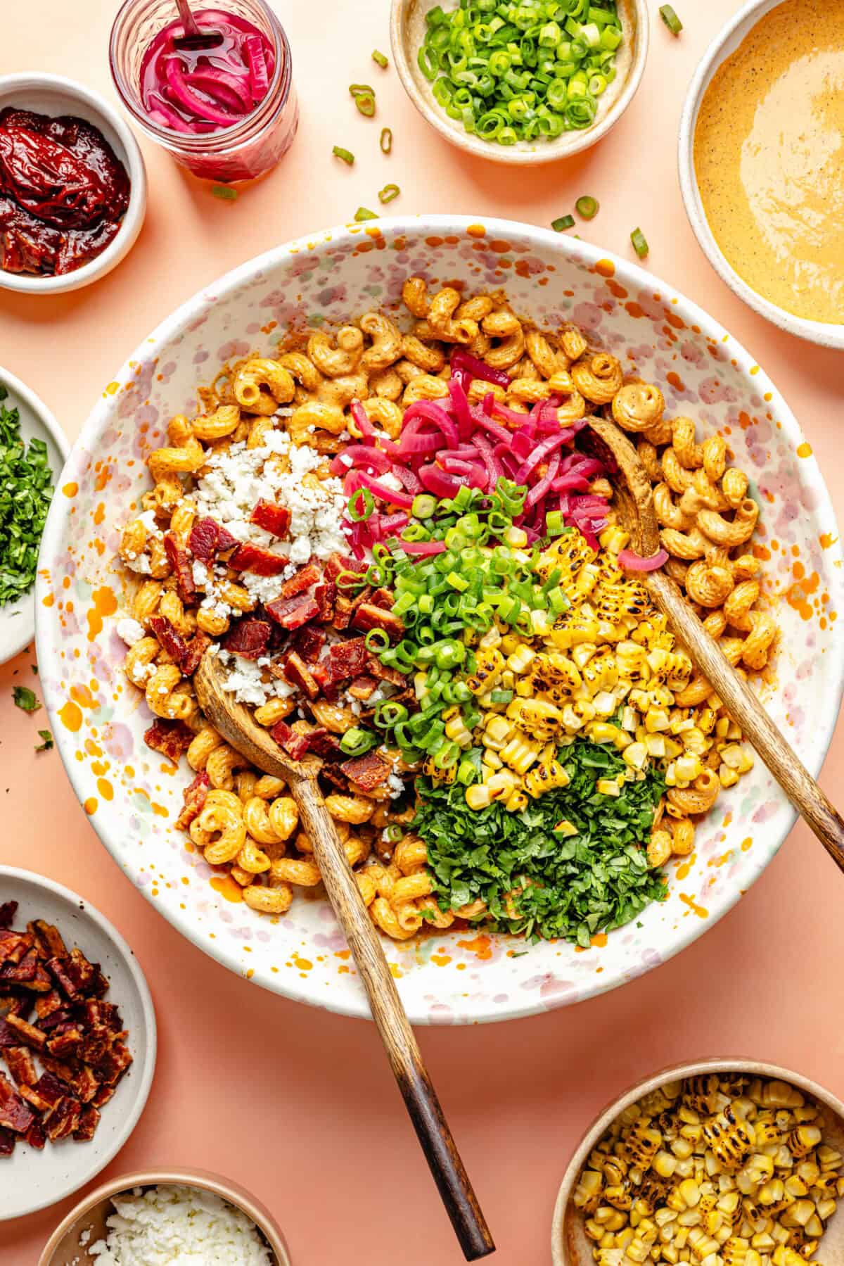 Smokey Chipotle Bacon Pasta Salad in a large bowl before it is tossed with dressing.