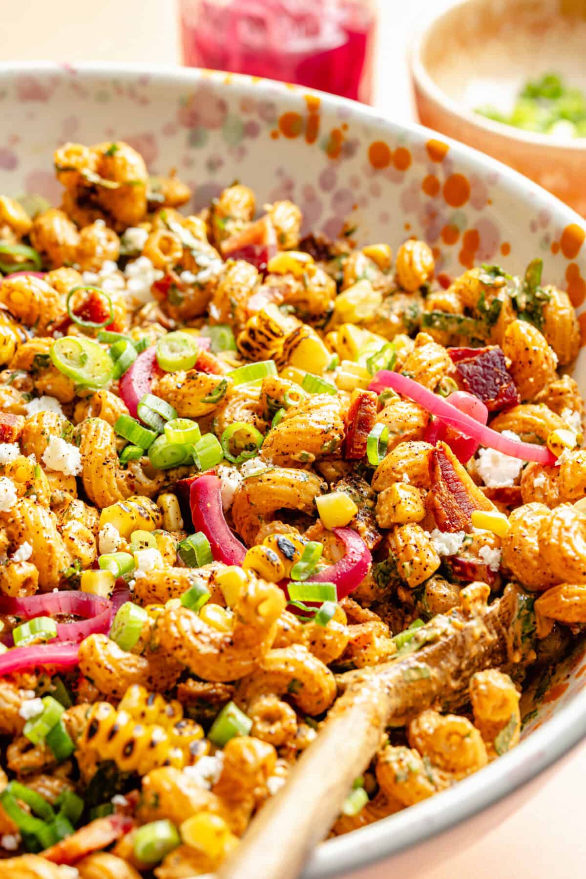 Close up of Smokey Chipotle Bacon Pasta Salad in large serving bowl.