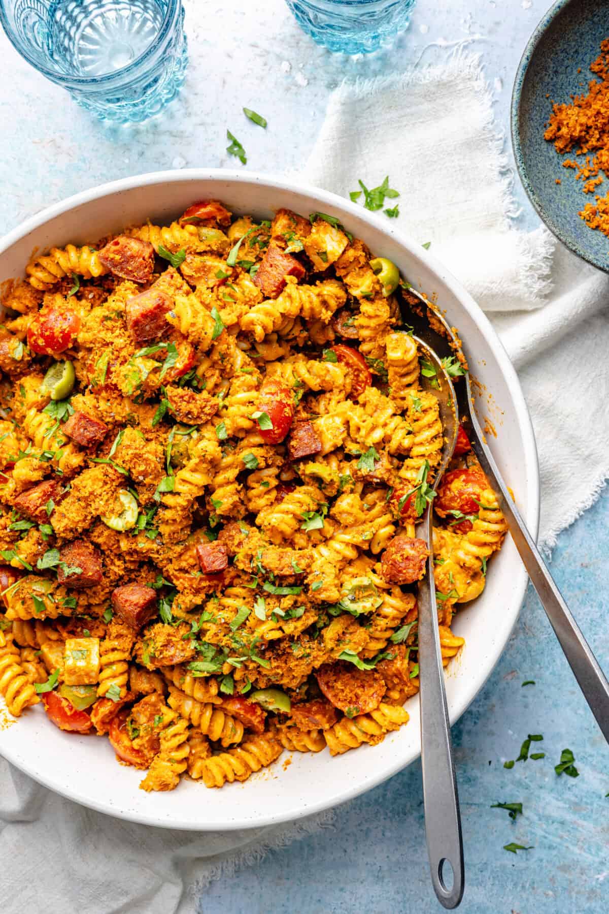 Smoky Romesco Pasta Salad in large serving bowl.