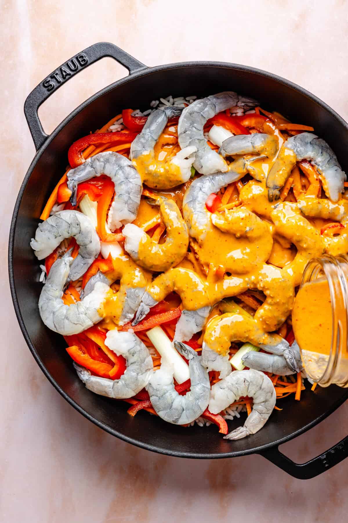 20-Minute Thai-Inspired Coconut Shrimp Curry in pan before it is cooked.