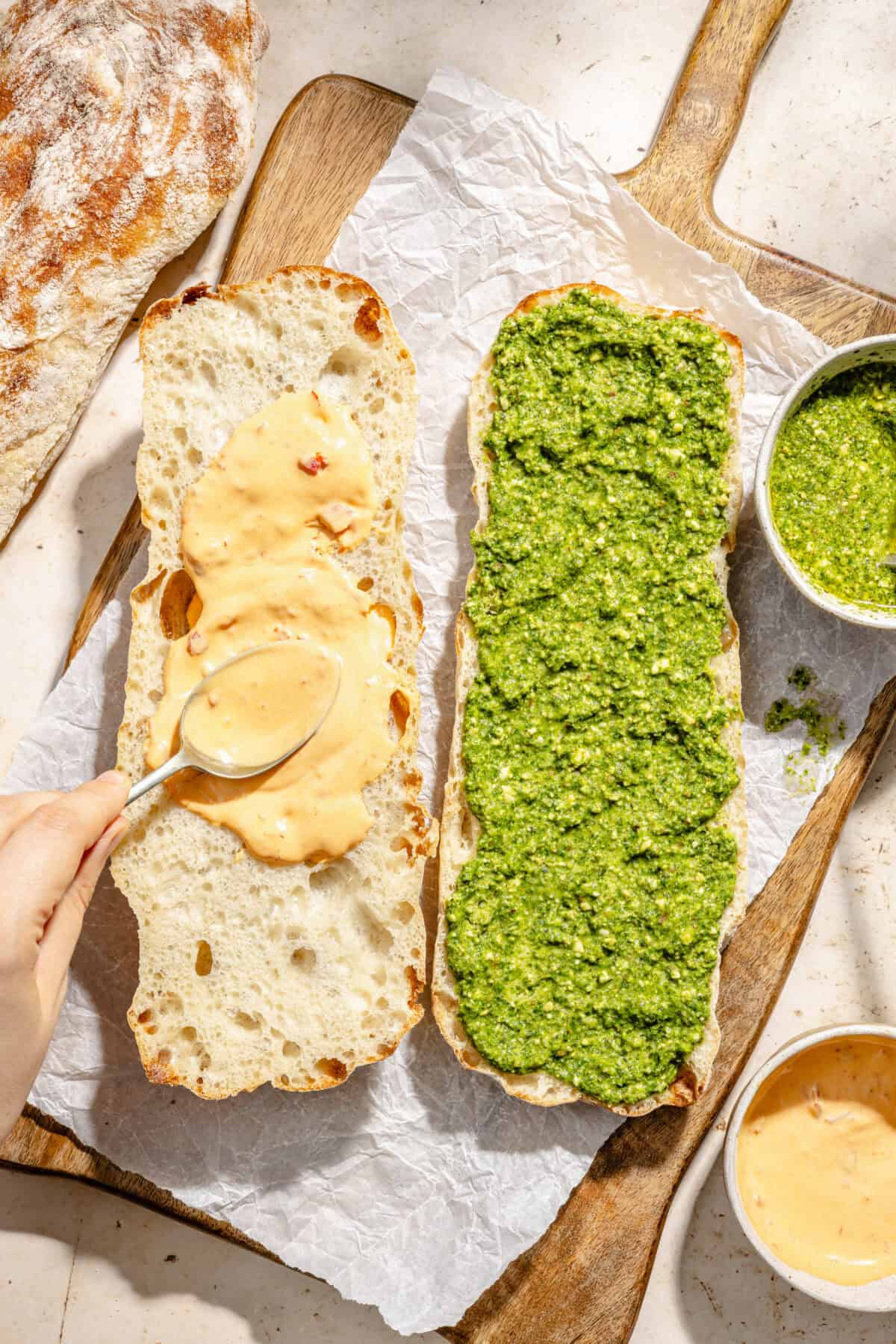 ciabatta bread with pesto and spicy mayonnaise