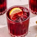 Tinto de Verano in a glass with lemon slice.