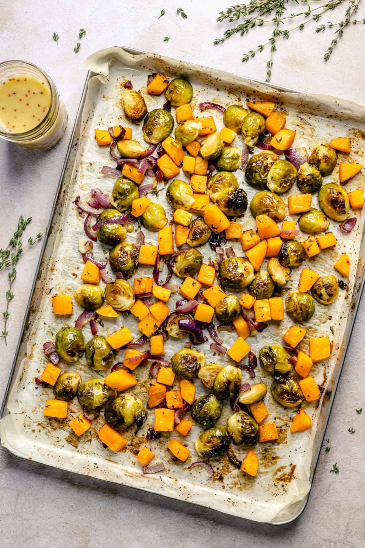 Veggies on sheet pan after roasting.