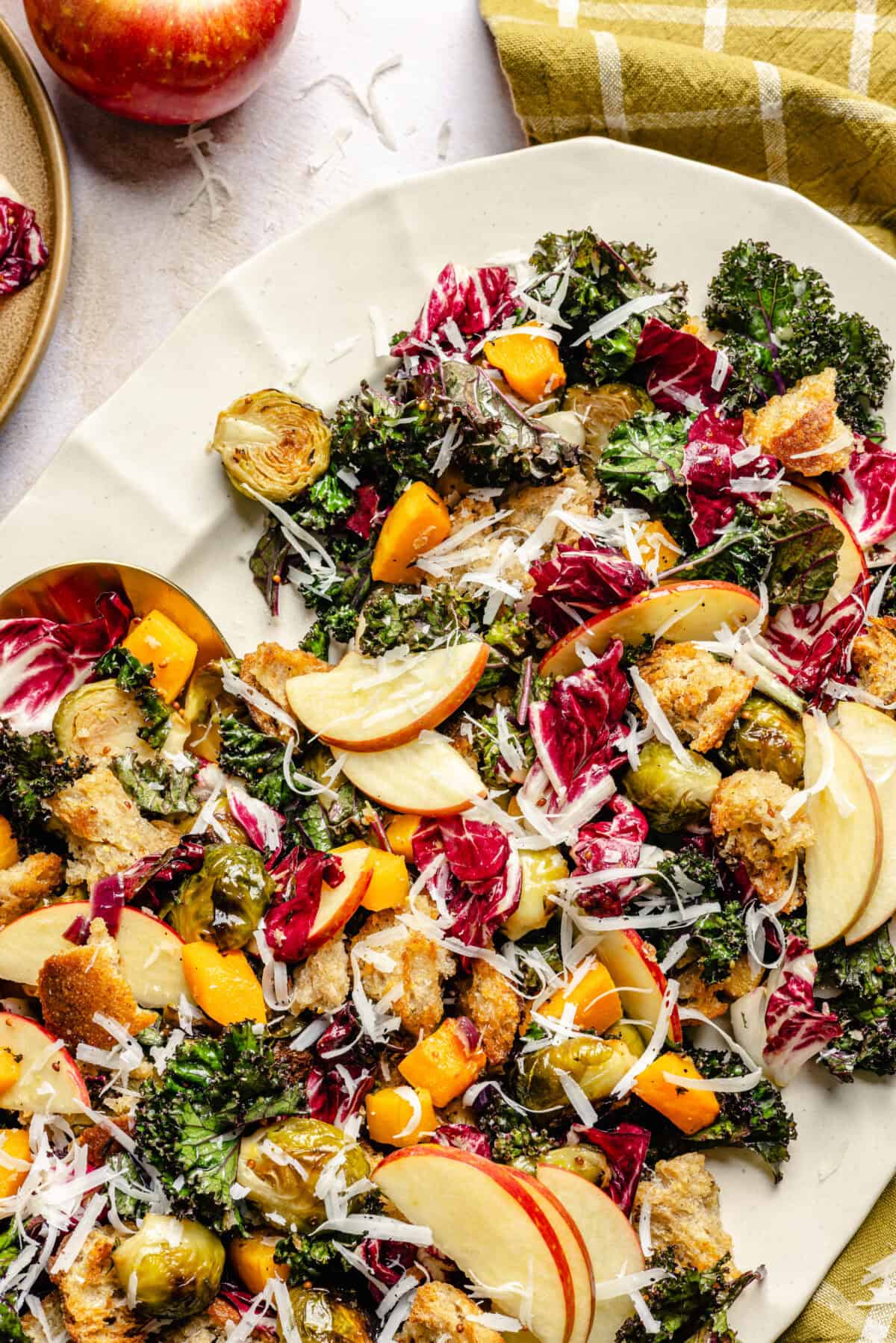 Fall Panzanella Salad with Maple Mustard Vinaigrette on a white serving platter.