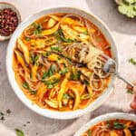 a bowl of spicy sichuan-style chicken noodle soup and glass noodles garnished with fresh cilantro and scallions