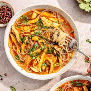 a bowl of spicy sichuan-style chicken noodle soup and glass noodles garnished with fresh cilantro and scallions