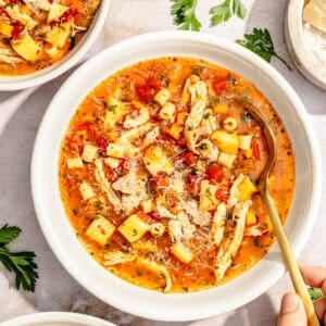 a large bowl of spicy sicilian-style soup with shredded chicken, potatoes, and pasta